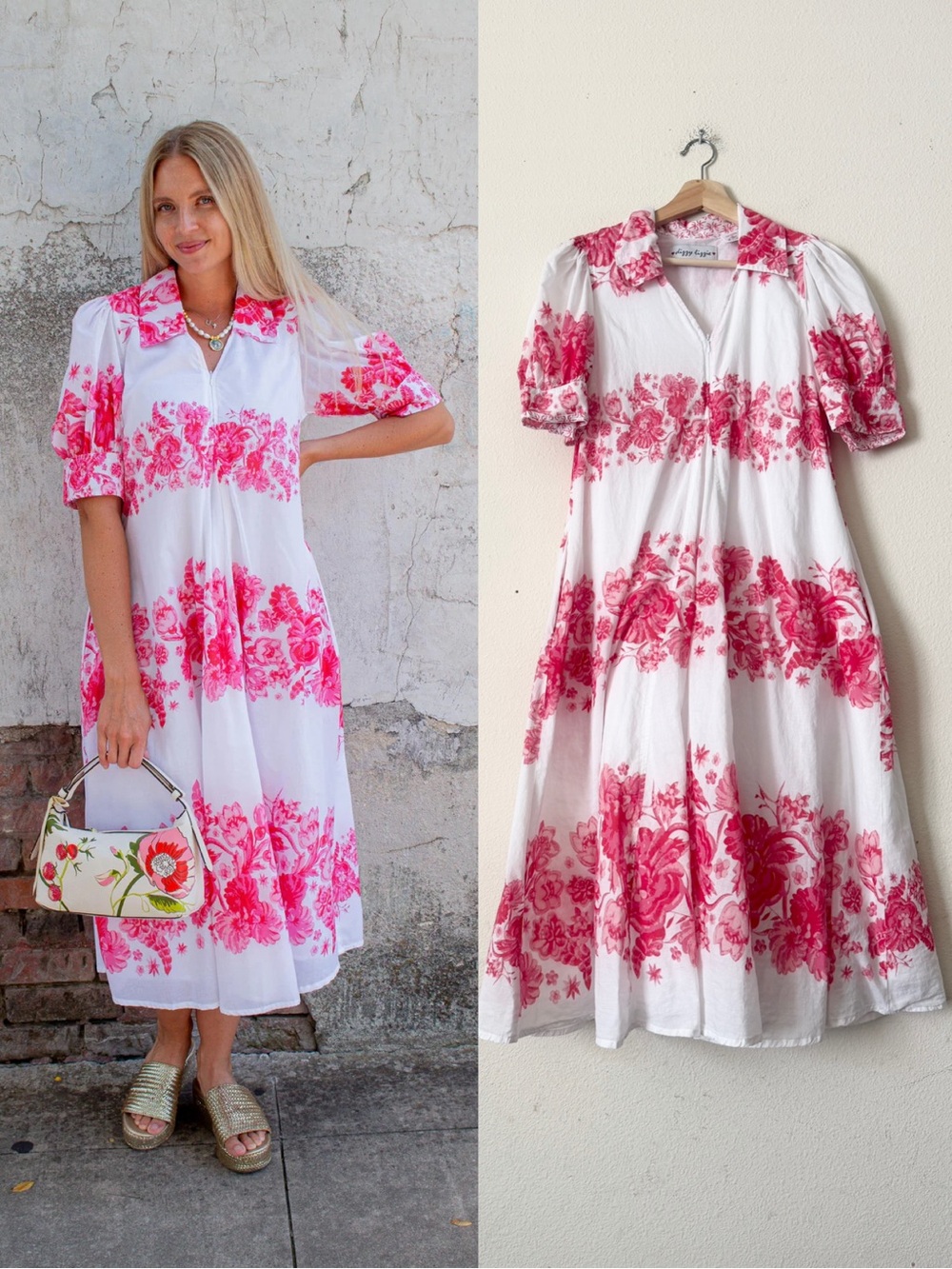 Dizzy Lizzie SMALL Montauk pink white printed Aline midi dress